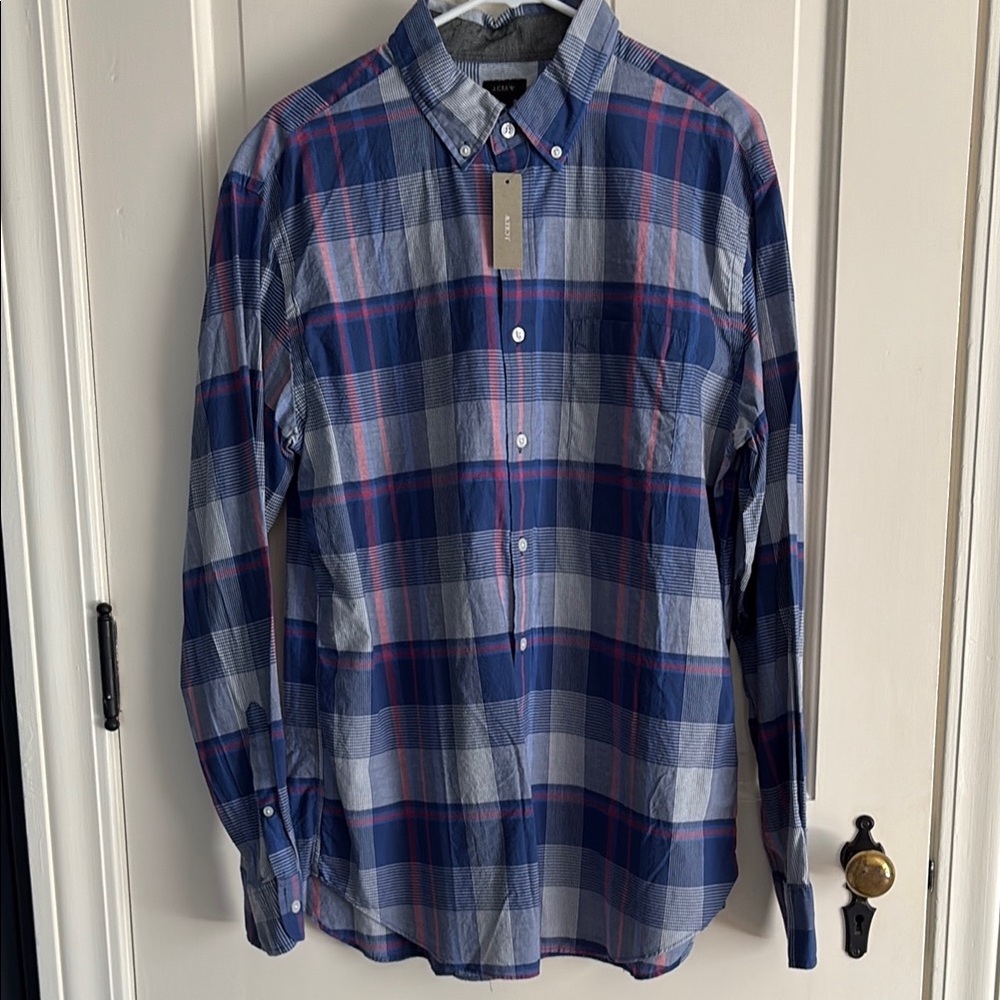 J. Crew Men's Blue and Pink Checkered Shirt